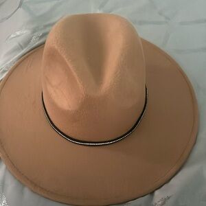 Tan with rhinestone around middle Fedora hat.